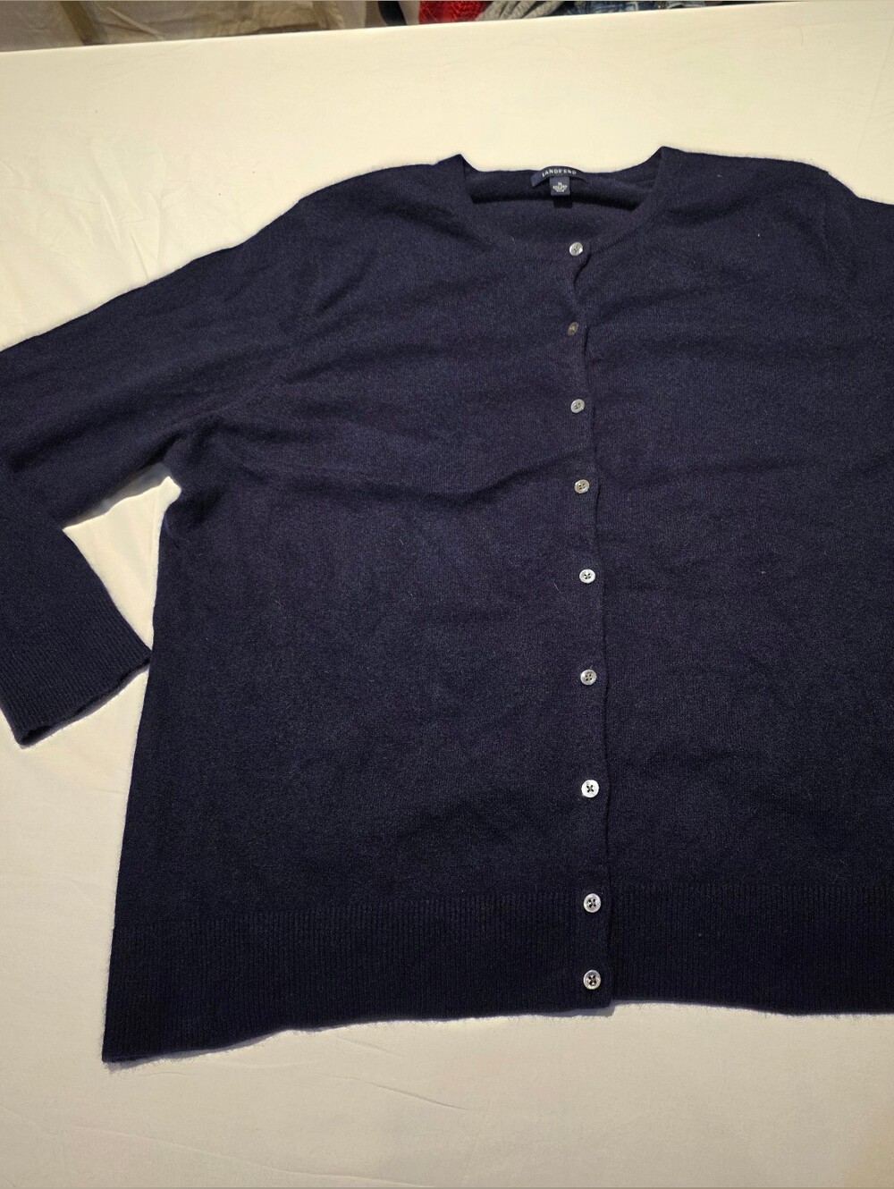 Lands End Cashmere Navy Cardigan Sz 3X / 24W-26W Front Sweater Crew Neck